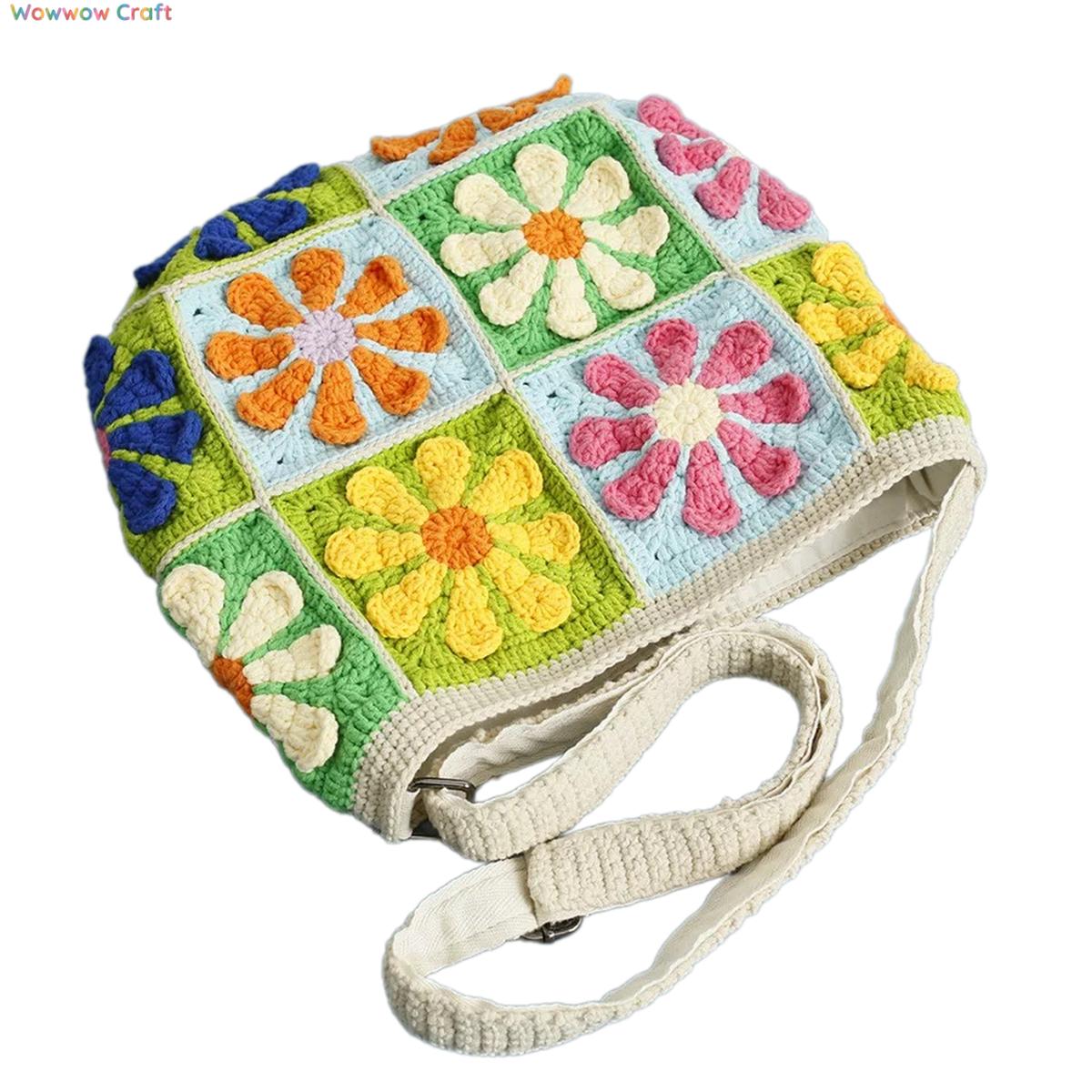 Shoulder Bags,Totes,Handmade Crochet Bags,Colorful Flowers Embroidery Granny Square Tote crocheted with Snow Fairy Yarn - High quality handmade crocheted shoulder bag